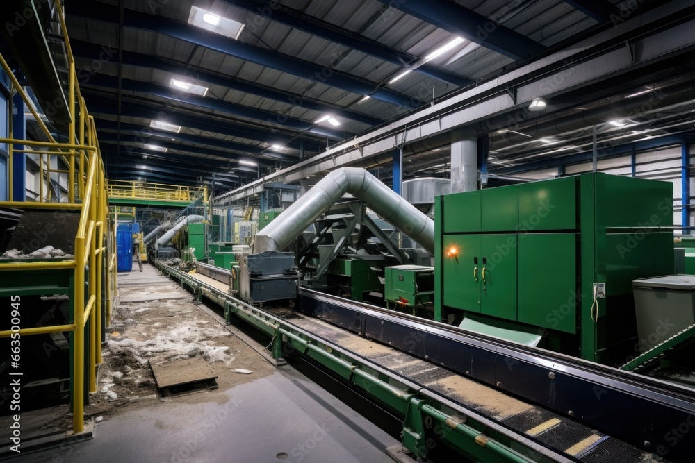 A large green machine in a factory for waste recycling