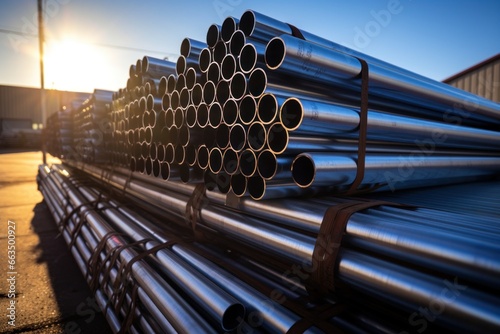 A stack of steel pipes in a parking lot bathed in sunlight