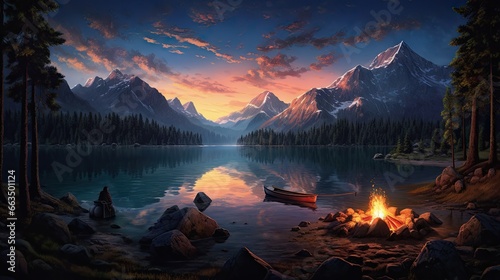  a painting of a boat on a lake with a campfire in the foreground. generative ai