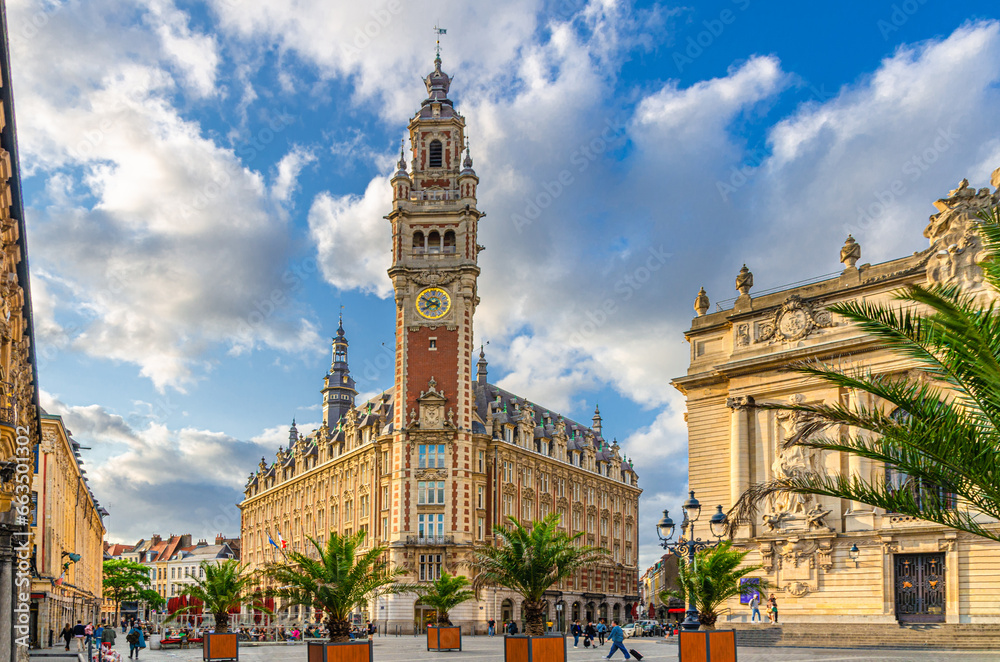 Lille Chamber of Commerce and Industry Nouvelle Bourse New Stock Exchange with belfry bell tower on Place du Theatre square in Lille city historical center, French Flanders, Nord department, France
