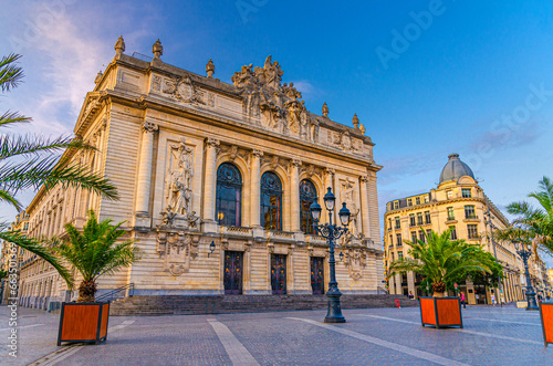 Opera de Lille opera house theatre neo-classical style building and on Place du Theatre square in Lille city historical center in the evening, Nord department, Hauts-de-France Region, Northern France