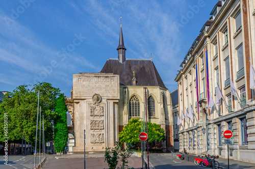 Rihour Palace Flamboyant Gothic architecture style building, chapel and Oorlogsmonument Memorial on Rihour Place square, Lille city historical center, French Flanders, Hauts-de-France Region, France