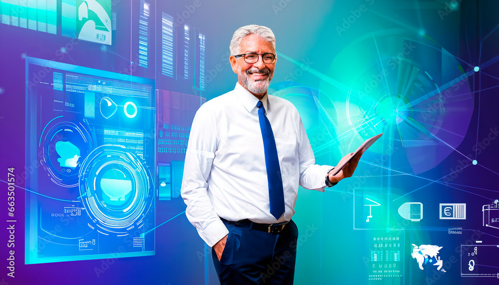 A man with hi-tech research devices and neon lights with signs and symbols around him. Fururistic image. Future lifestyle. Research and technology. Generative AI A man with hi-tech research devices and neon lights with signs and symbols around him. Fururistic image. Future lifestyle. Research and technology. Generative AI