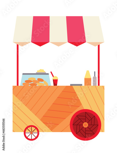 Street fast food stall, truck sale. Mobile food cart. Pizza, hamburger orhot dog fast food street shop. Vector illustration on white