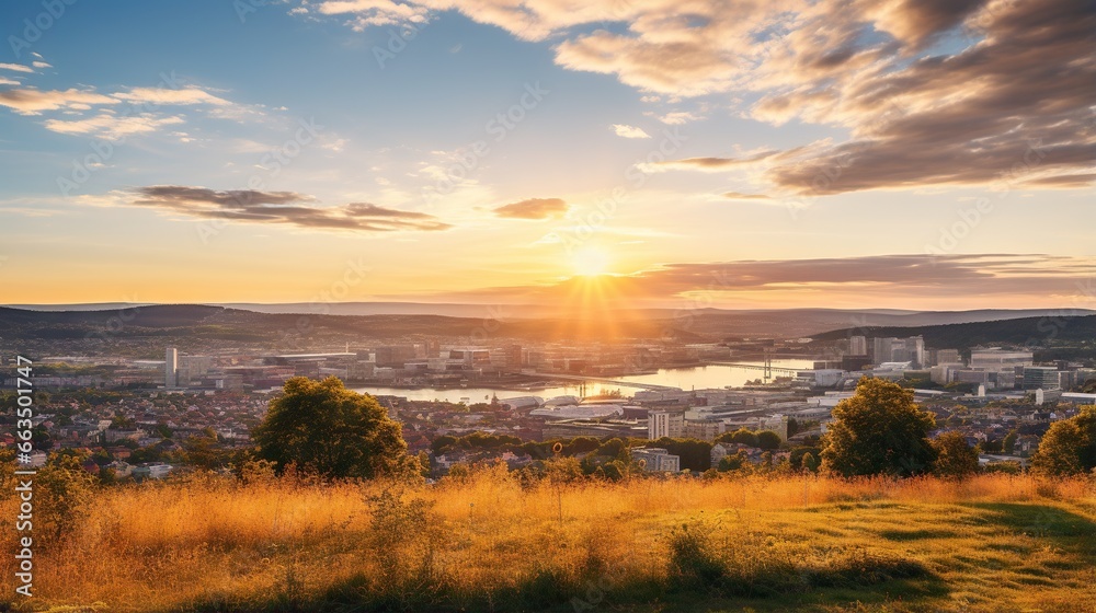 the sun is setting over a city and a lake in the distance. generative ai the sun is setting over a city and a lake in the distance. generative ai
