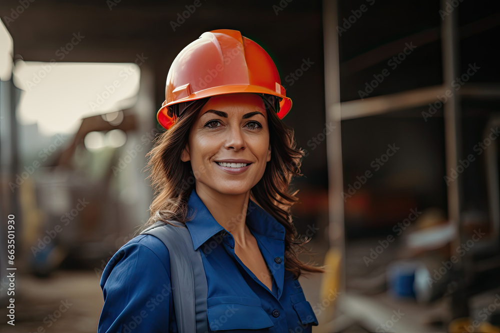 A confident, beautiful female engineer in a hardhat, standing indoors, with a cheerful and happy expression. A confident, beautiful female engineer in a hardhat, standing indoors, with a cheerful and happy expression.