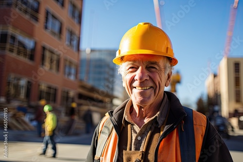 A smiling engineer wearing a helmet and a hardhat, a professional at an outdoor construction site.