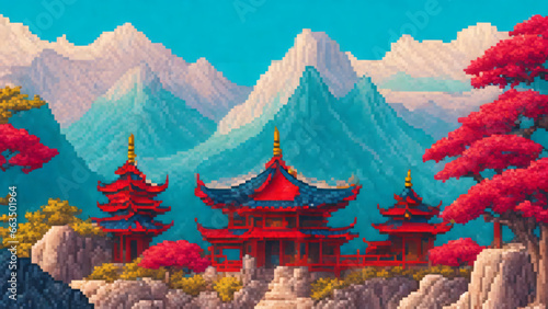 Buddhist temple in the mountains  pixel art 32-bit  maximum resolution  AI