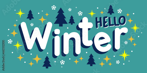 Hello winter banner with winter elements and cyan background, "hello winter" typography text