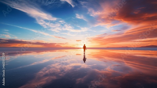 People reflections at Uyuni saltflats. One of the most amazing things that a photographer can see. The sunrise over an infinite horizon with the Uyuni salt flats making a wonderful mirror to infinity