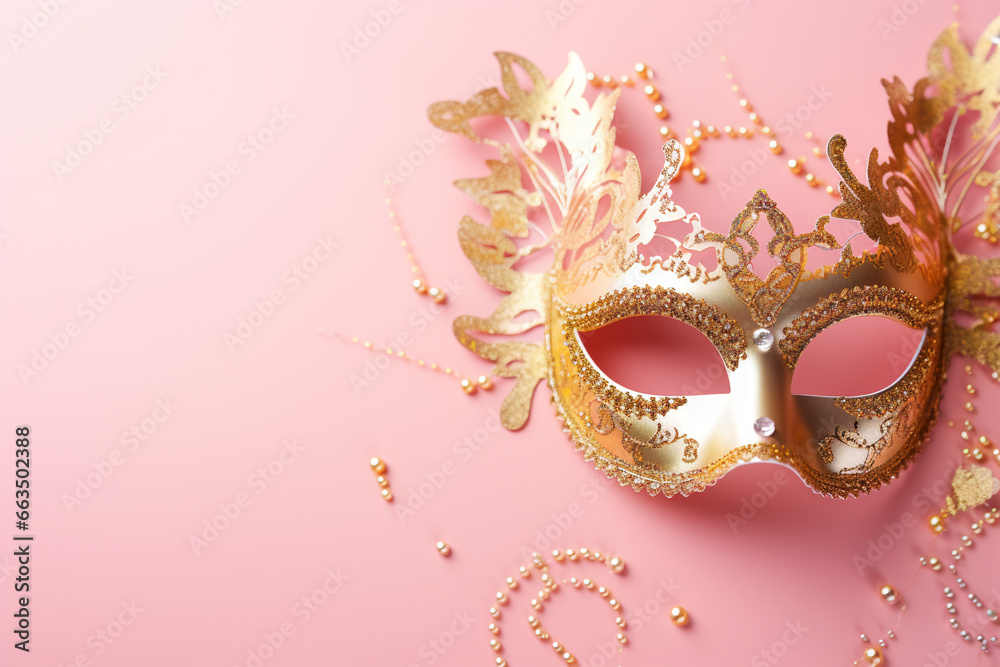 beautiful bedazzled carnival or masquerade ball gold and pink masks on a pastel pink background.