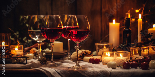 A glass of wine on a table with candles in a noir atmosphere, candles, cozy, autumn, winter season, warm atmosphere  © Julia