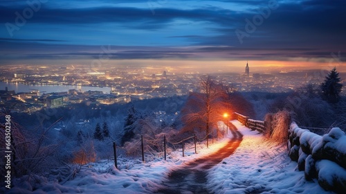  a snowy path leading to a city at night with a bright light. generative ai © Olga