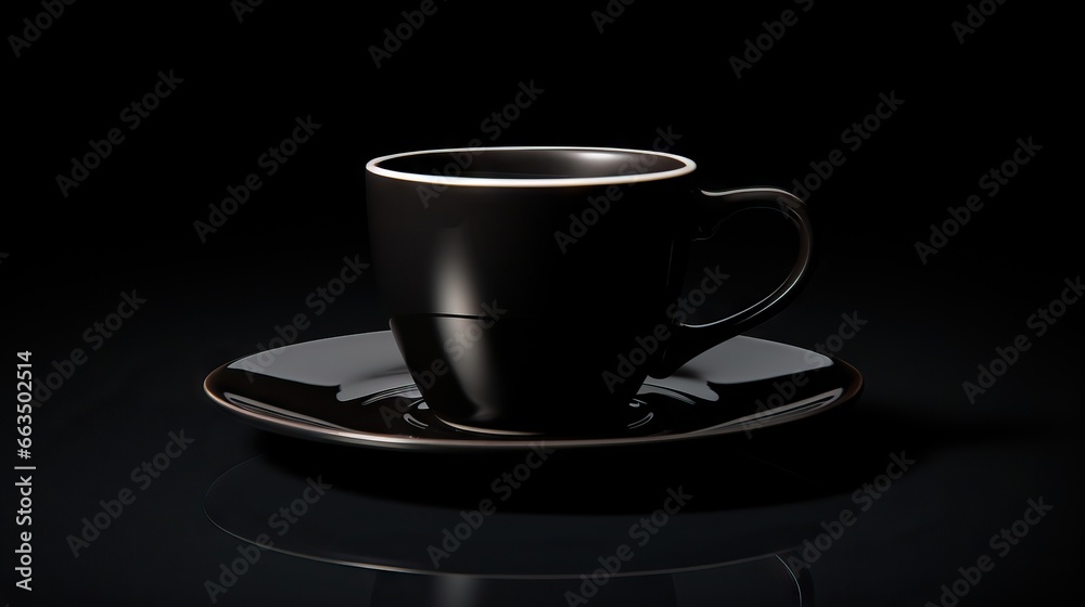 a black coffee cup and saucer on a black plate. generative ai a black coffee cup and saucer on a black plate. generative ai