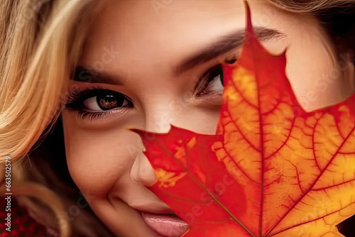 A radiant European blonde woman graces us with her beautiful smile, one eye coquettishly covered by a maple leaf. photo