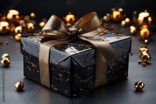 A luxurious high-quality black gift box with exquisite gold embossed design, a lavish gold ribbon 