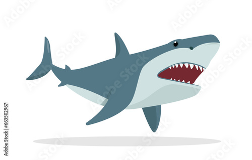 Furious Shark animal icon. Underwater swimming shark  toothy fish mascot  sea fauna character. Ocean aquatic shark with open mouth. Vector flat or cartoon illustration isolated on white background.