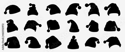 Silhouette set of black santa hats. New Year black hat