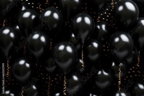 Black balloons on a black background. Black Fridayblack and gold baloon christmas decoration