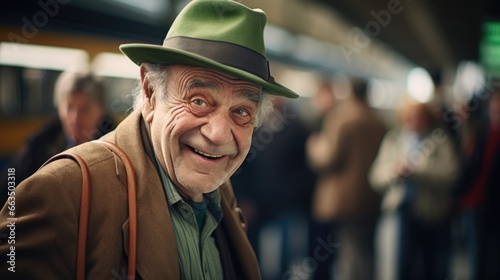 An old man wearing a green hat at a train station. Generative AI.