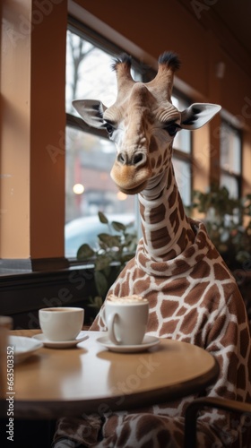A giraffe sitting at a table with a cup of coffee. Generative AI. © Natalia