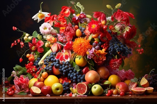 a stunning arrangement of fruits creating a vibrant backdrop. Generative AI
