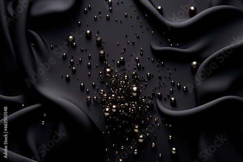 Smooth elegant black silk cloth with black gold drops beads, mock up