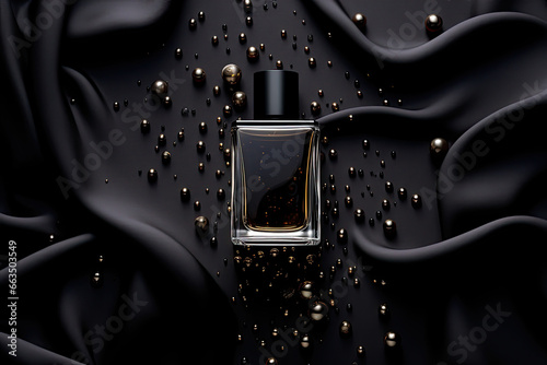 Abstract black perfume bottle on black silk cloth background photo