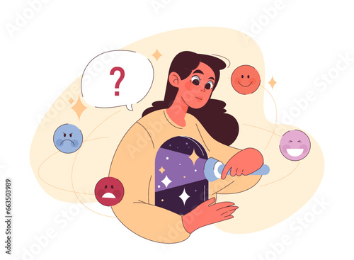 Emotional self-awareness. Young female character examine her inner