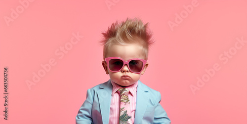 Lovely cool little boy kid with sunglasses isolated on pink background AI image illustration. Funny kids concept. 