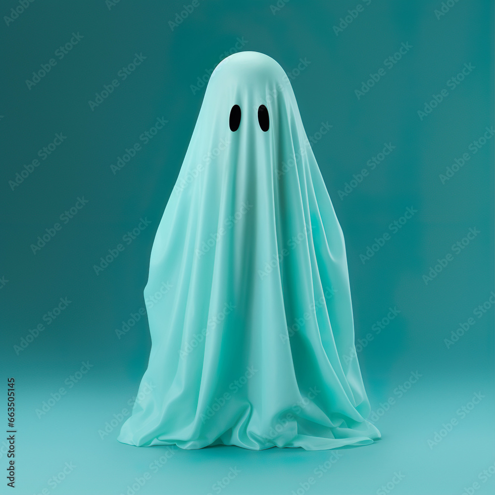 Ghost haunt spirit portrait isolated on turquoise background AI image illustration. Funny creatures concept.