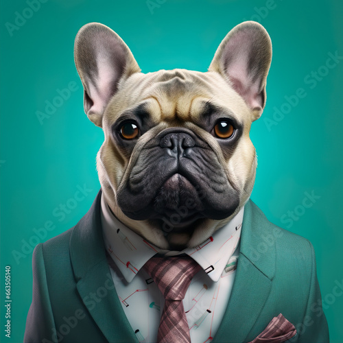 French bulldog dog in suit isolated on turquoise blue background. Generative AI image illustration. Beautiful animals looks like humans concept