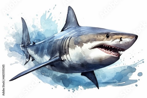 Lifelike shark illustration in watercolor style. Perfect for design, print, stickers, or backgrounds. Generative AI © Lando