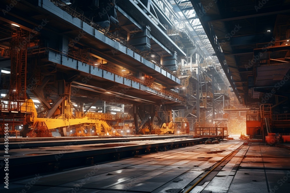 Indoor view of a steel construction factory, showcasing the angle and scale of the industrial background. Generative AI