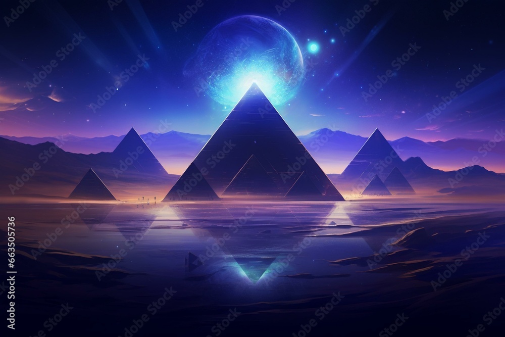 An abstract night landscape with pyramids, light effects, sand, waves, and a desert. A modern illustration of a future world. Generative AI