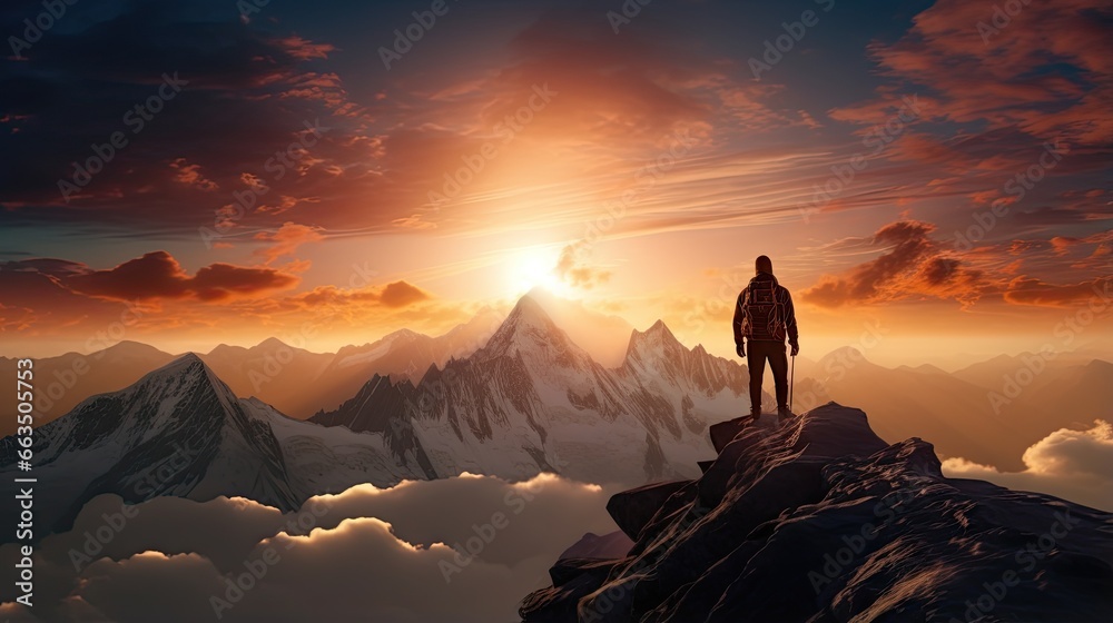  a man standing on top of a mountain looking at a sunset.  generative ai