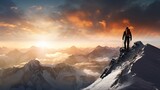  a man standing on top of a mountain with a sunset in the background.  generative ai