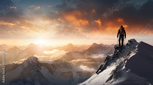  a man standing on top of a mountain with a sunset in the background.  generative ai © Anna
