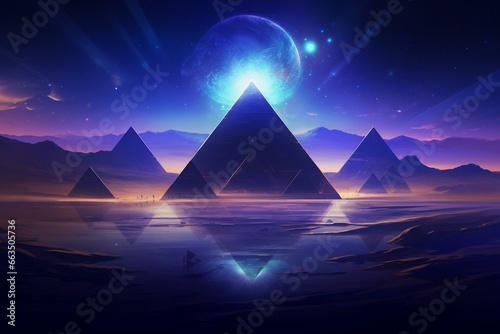 An abstract night landscape with pyramids  light effects  sand  waves  and a desert. A modern illustration of a future world. Generative AI