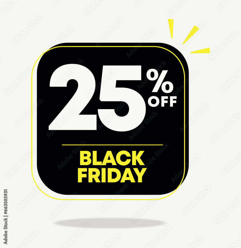 25% off banner. Black friday sale campaign. Sticker, tag, discount price. Social media marketing. Special offer, liquidation, promotion. Vector, design, icon