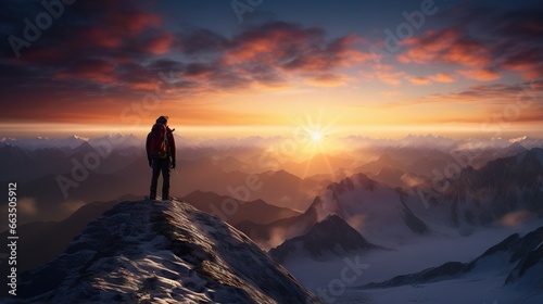  a man standing on top of a mountain at sunset with the sun setting. generative ai