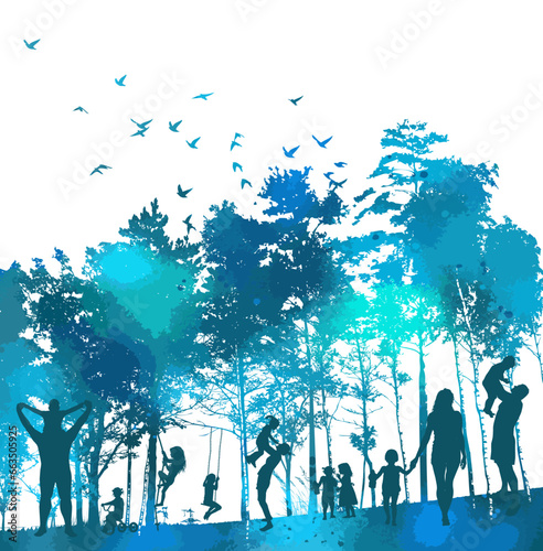 Family in nature, Silhouettes of people in the park. hand drawing. Not AI, Illustrat3. Vector illustration