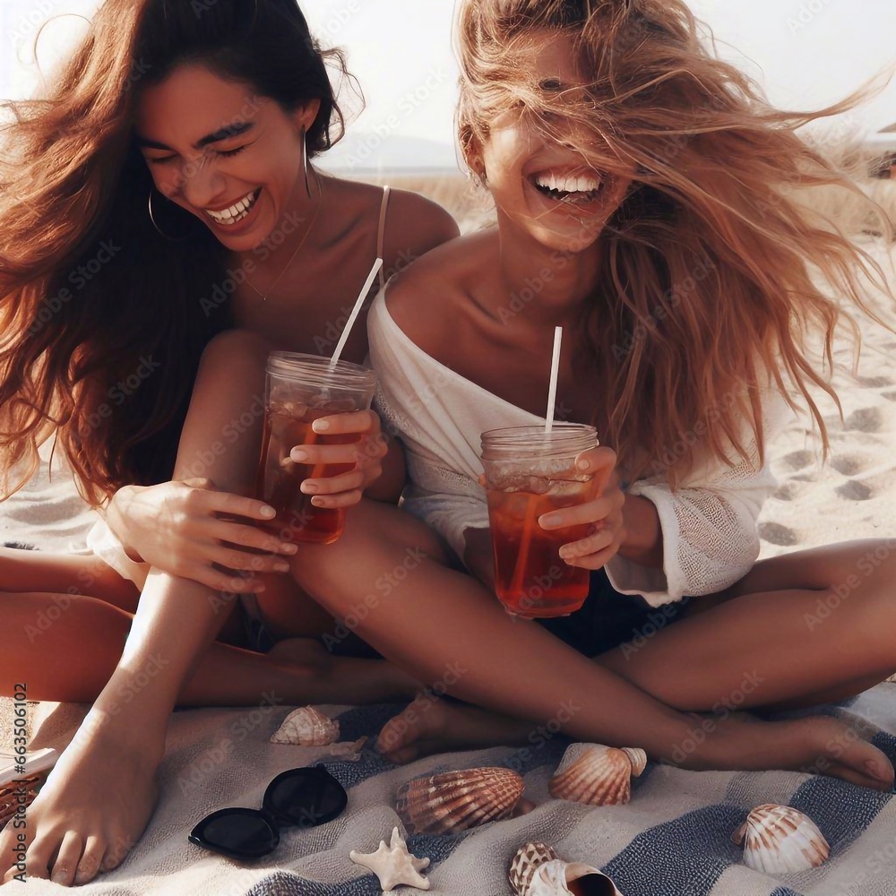 two women drinking coffee on the beach with clamps two women drinking coffee on the beach with clamps