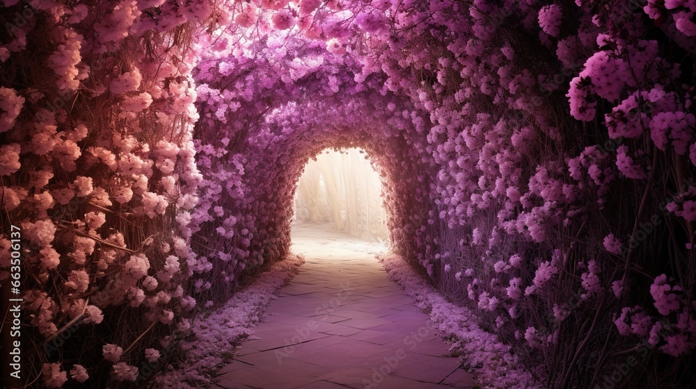 Obraz premium a tunnel of purple flowers with a light at the end. generative ai