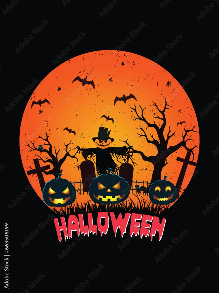 Halloween T-shirt design costume template. Happy halloween scary trendy vector t-shirt design. Halloween vector clothing apparel t-shirt design