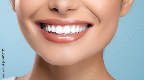Close - up cropped of a beautiful smiling woman with white perfect teeth isolated on blue studio background with copy space. Dental care. Stomatology. Dentistry concept.