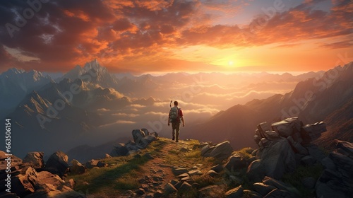  a man standing on a mountain top looking at the sunset. generative ai