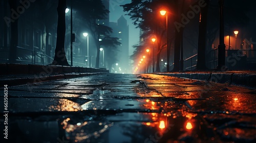 Wet asphalt, reflection of neon lights, a searchlight, smoke. Abstract light in a dark empty street with smoke. Dark background scene of empty street, night city