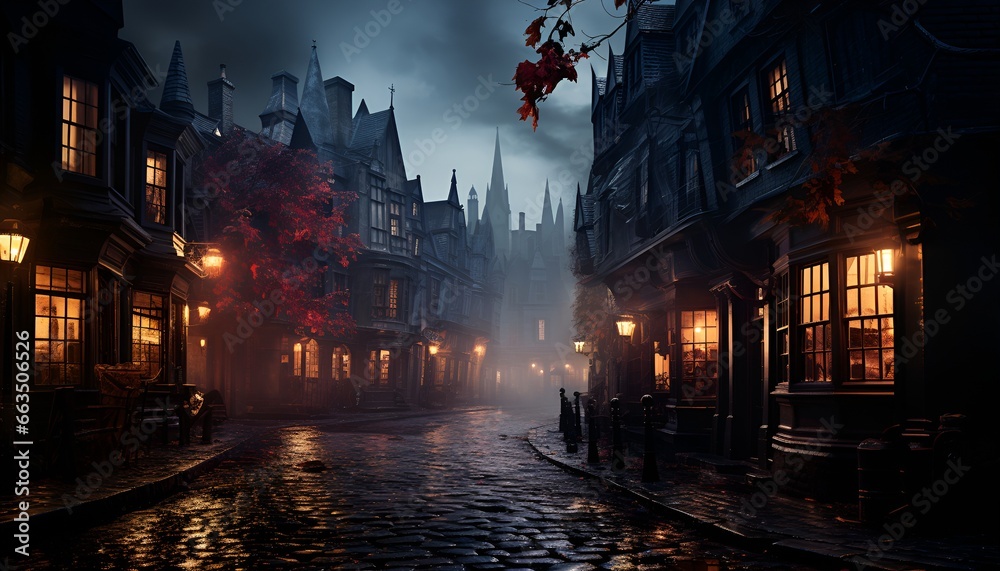haunted town with cobbled streets 