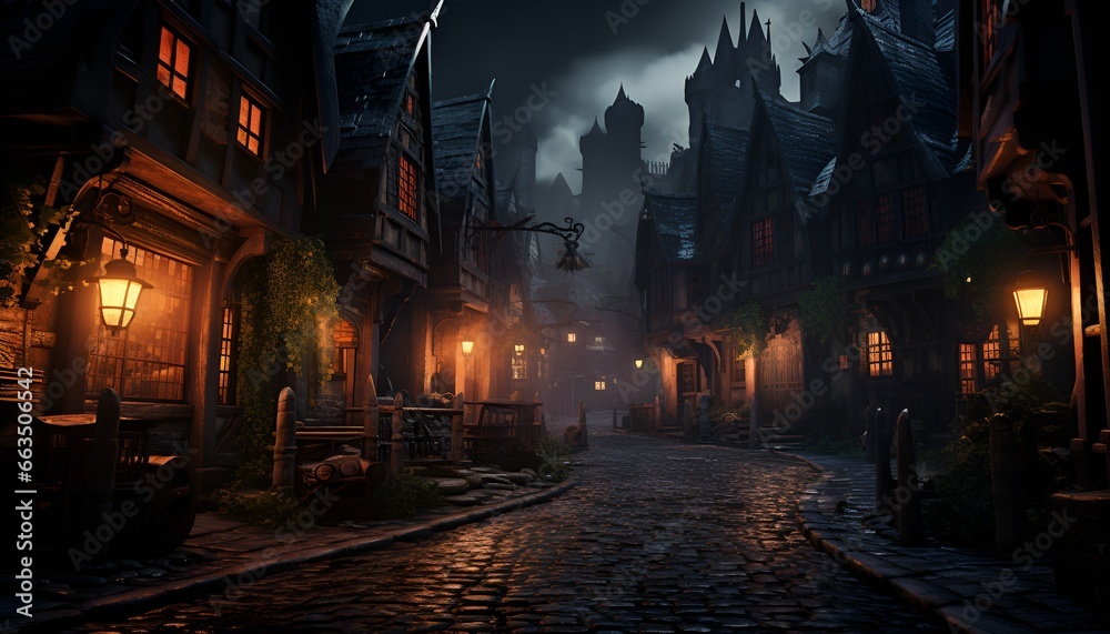 haunted town square in a medieval village at night